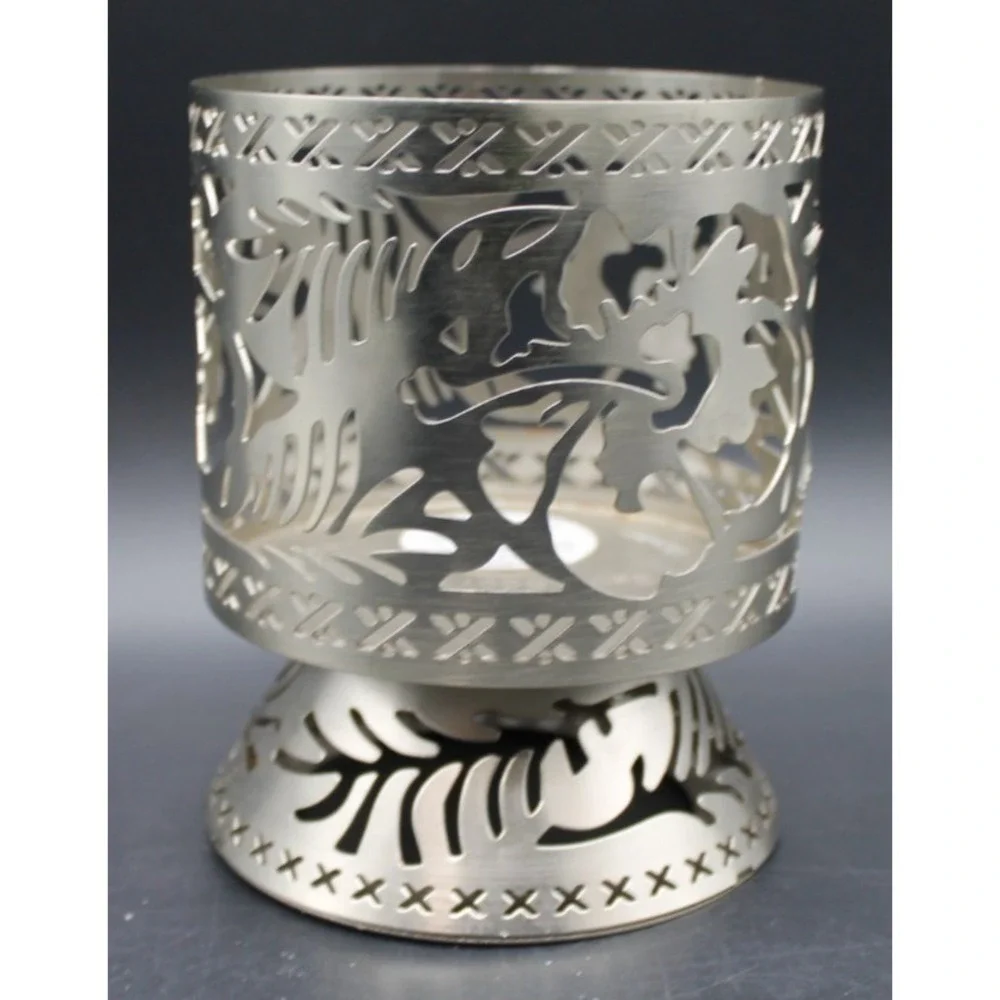 Bath & Body Works 3 Wick Candle Holder Pedestal Tropical Leaf Cutout Silver